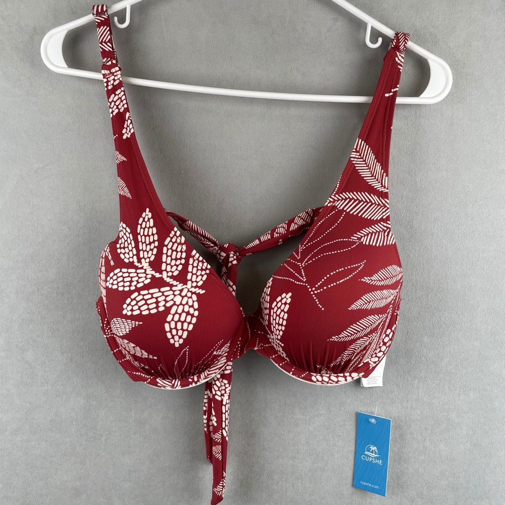 CUPSHE Red White Tropical Leaf Ribbed Underwire Bikini Top Summer Botanical L‎